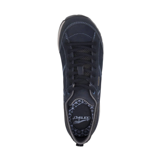 Navy low-top lace-up sneaker with stitched panels and patterned insole