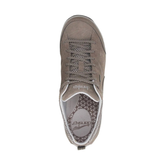 Taupe suede lace-up sneaker seen from above with patterned insole and visible Dansko branding