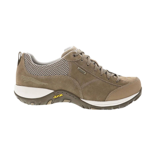 Taupe low-top hiking sneaker with mesh panels, lace-up closure, and a white midsole