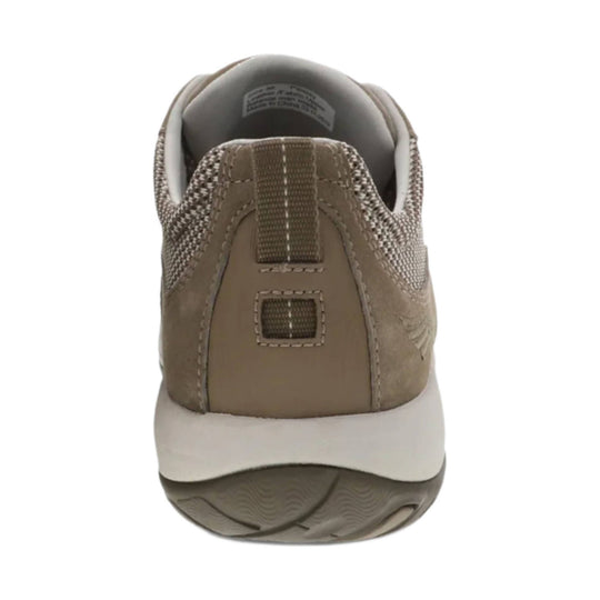Taupe and brown athletic sneaker shown from the back, with mesh side panels, suede overlays, and a white midsole