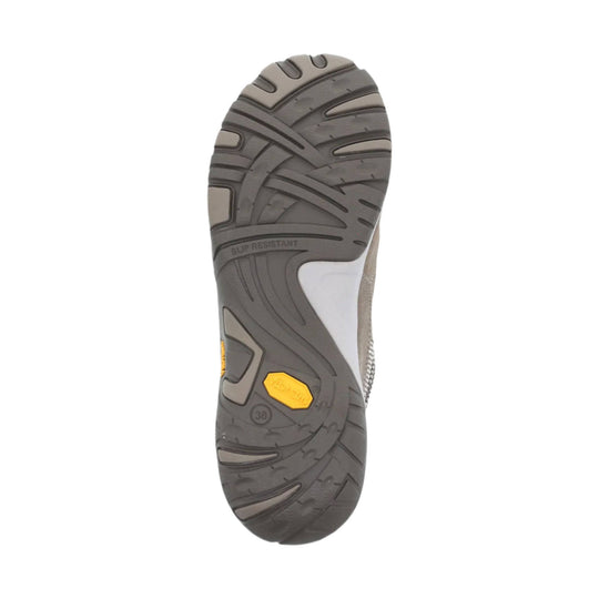 Shoe outsole with gray tread and yellow Vibram insert