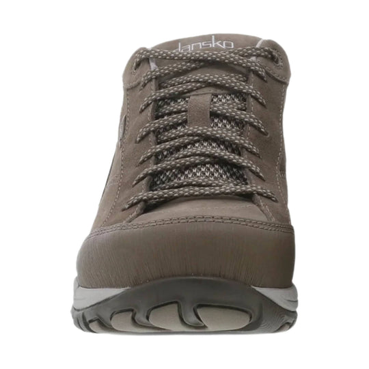 Brown low-top hiking sneaker with bungee laces and a rubber toe bumper