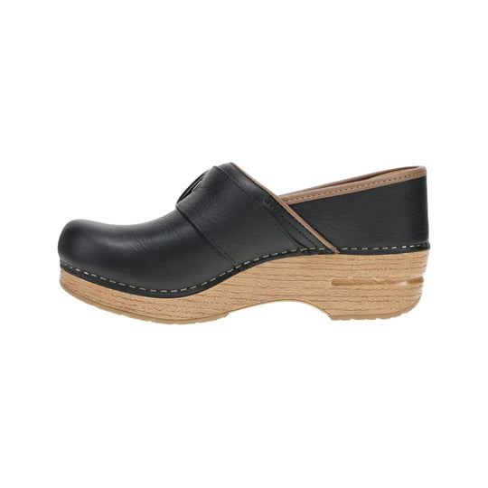 Black leather clog with a tan woodgrain platform sole and wedge heel