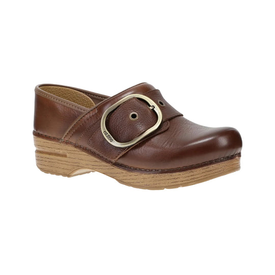 Brown leather clog with a wide buckle strap and woodgrain platform sole