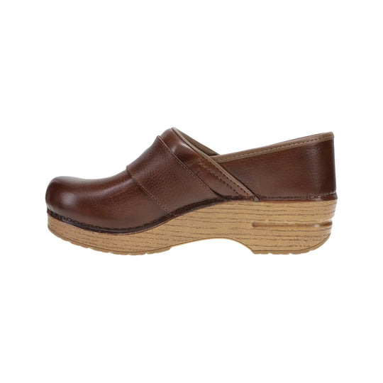 Brown leather clog with a wood-look wedge sole and closed toe, side view