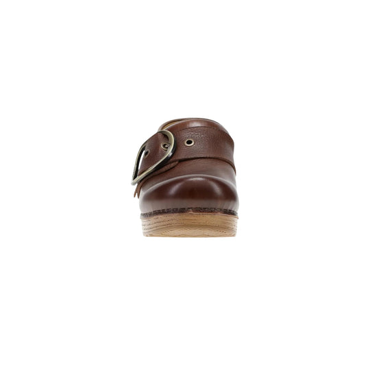 Brown leather clog with metal buckle strap and beige sole, front view