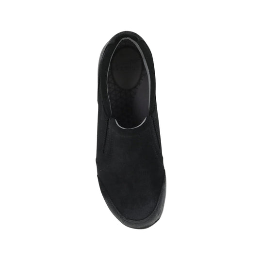 Black suede slip-on shoe shown from above
