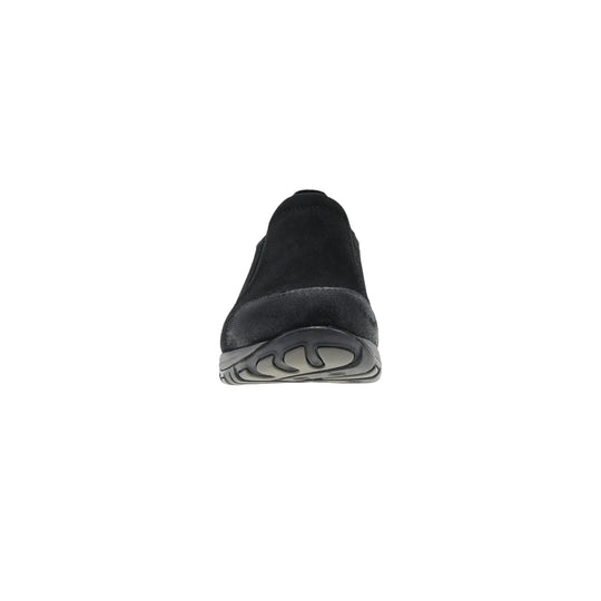 Black slip-on shoe with suede upper and textured gray sole, shown from the front
