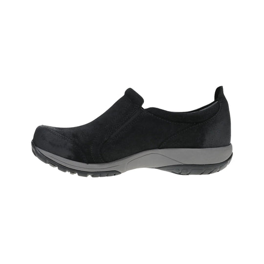 Black slip-on sneaker with a gray cushioned sole and side zipper