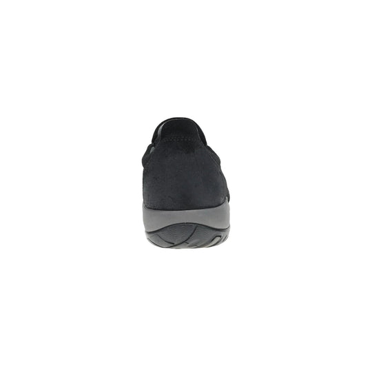 Black slip-on sneaker viewed from the back with a gray midsole and textured outsole