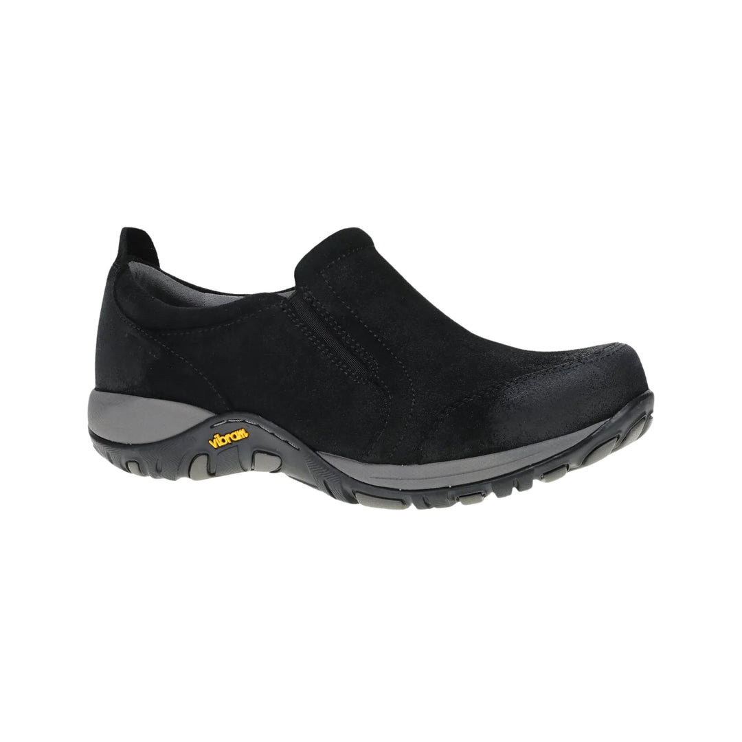 Black slip-on shoe with a rounded toe, suede upper, and gray Vibram sole
