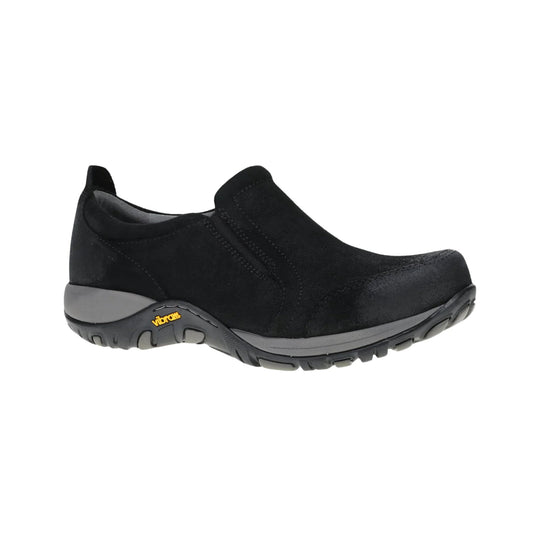 Black slip-on shoe with a rounded toe, suede upper, and gray Vibram sole
