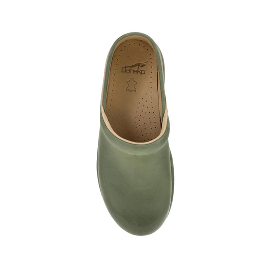 Green closed-back clog with tan insole and perforations