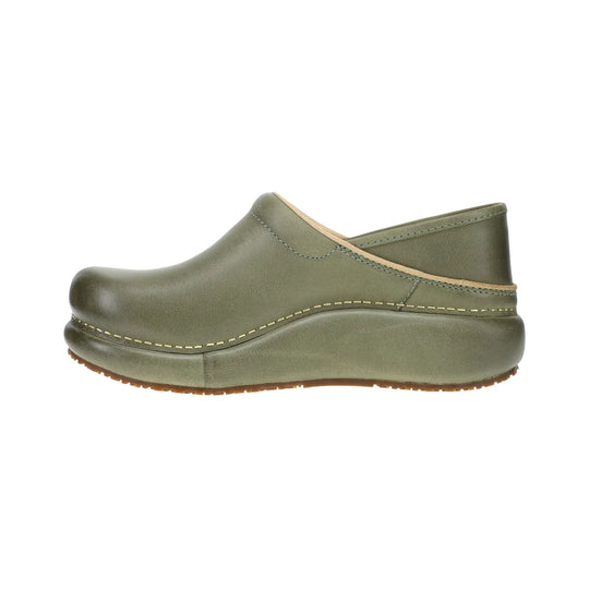 Olive green clog-style mule with a thick platform sole and tan trim