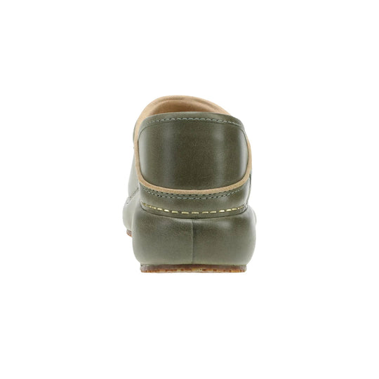 Olive green clog heel with tan trim and stitched seam details