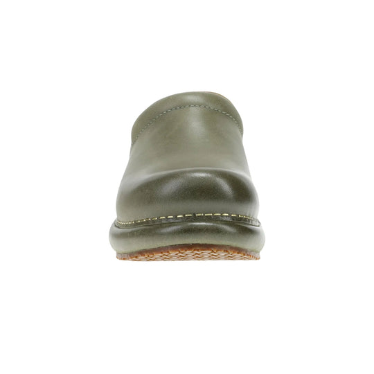 Olive green clog shoe with a rounded toe and textured outsole, shown from the front