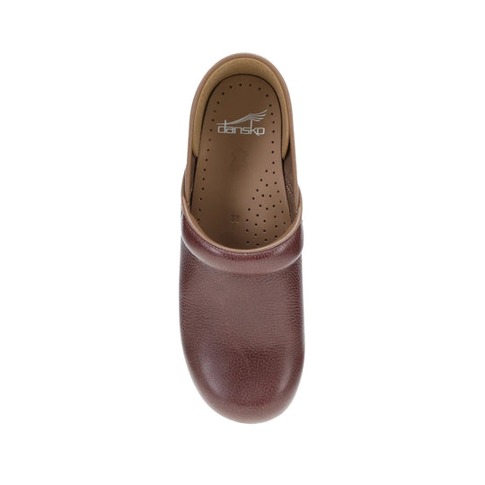 Brown leather clog viewed from above with a tan insole and visible Dansko logo
