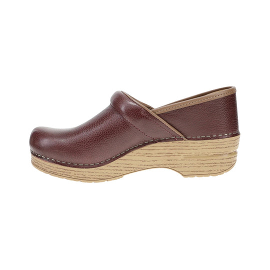 Brown leather clog with a tan wood-look platform sole