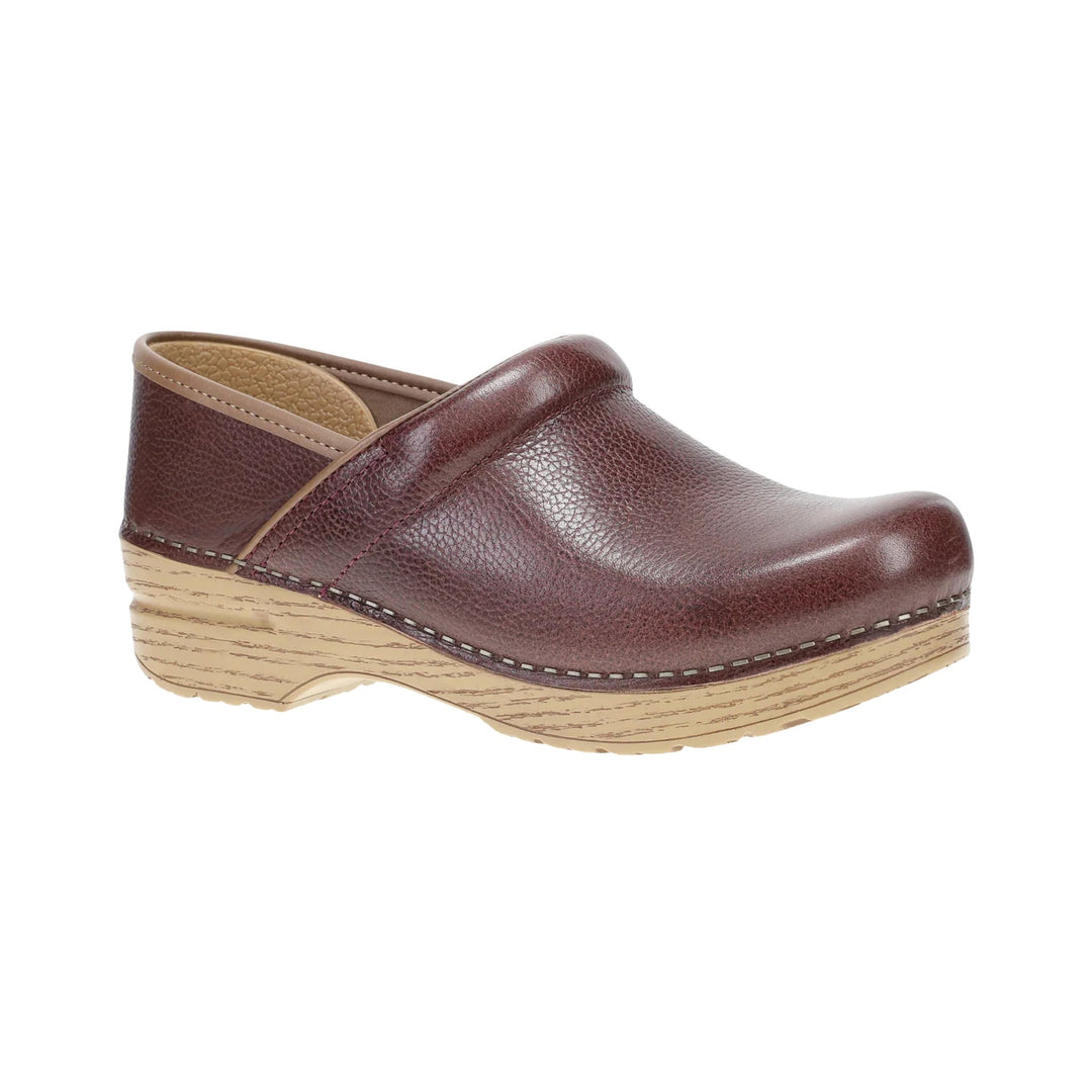 Brown leather clog with a tan wood-grain platform sole, shown in side view