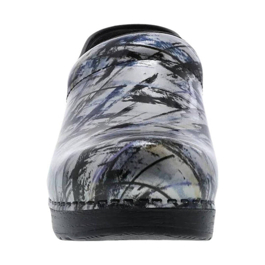 Black and white marbled clog with a black sole, front view