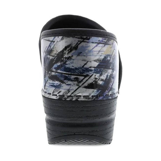 Black clog heel with abstract gray, blue, and white patterned upper and thick textured sole