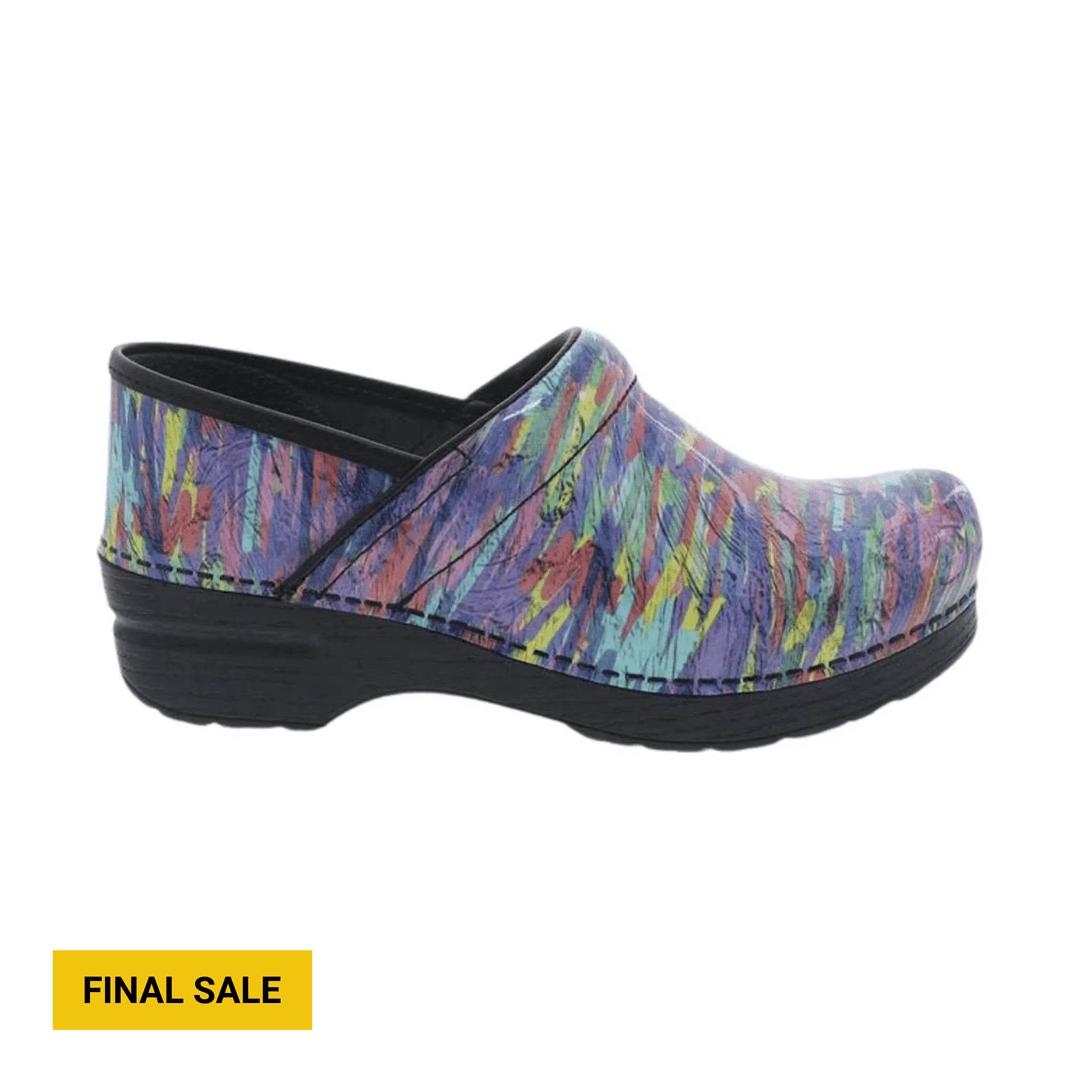 Multicolor patterned clog with black sole, shown in side view