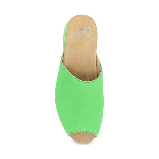Bright green slip-on sandal with an open toe and tan footbed, shown from above.