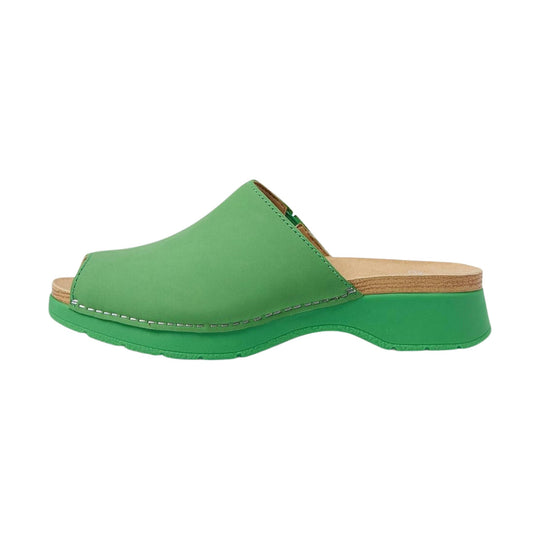 Green slip-on wedge sandal with a cork footbed and tan trim
