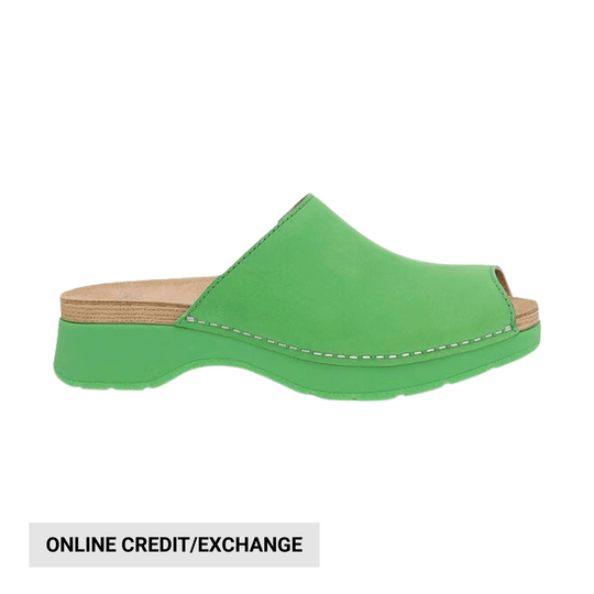 Green slide sandal with a cork-look footbed and platform sole