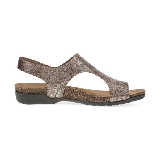 Bronze metallic women’s sandal with a wedge sole, slingback heel strap, and side cutout