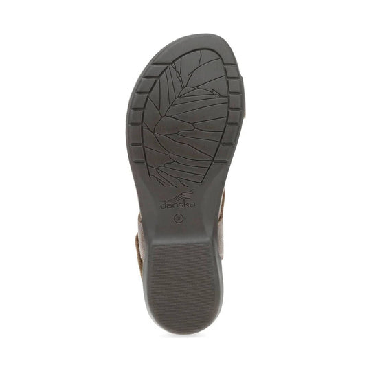 Bottom view of a dark gray sandal sole with tread pattern and Dansko logo
