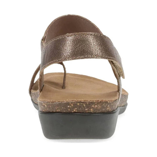 Bronze metallic open-toe sandal with wide front band, thong strap, and cork-textured platform sole