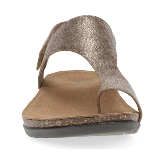 Bronze metallic slip-on sandal with a wide toe loop and cushioned tan footbed