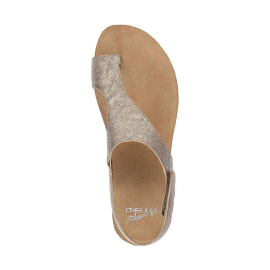 Bronze metallic slingback sandal with a pebbled upper, open toe, and cork footbed