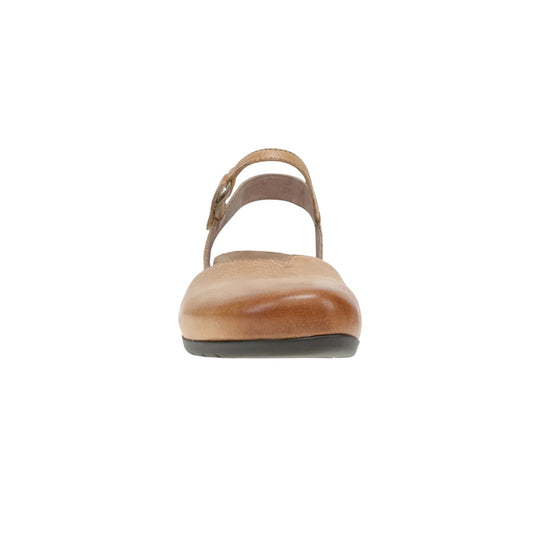 Tan Mary Jane flat with a rounded toe and single ankle strap, shown from the front