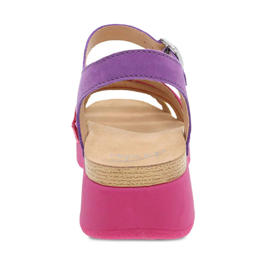 Purple and pink wedge sandal with ankle strap, two front straps, and cork-textured heel