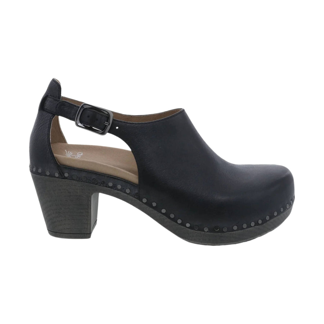 Black ankle-strap clog sandal with a closed toe, cutout sides, and a chunky block heel