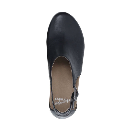 Black leather slingback clog with rounded toe and tan footbed, top view