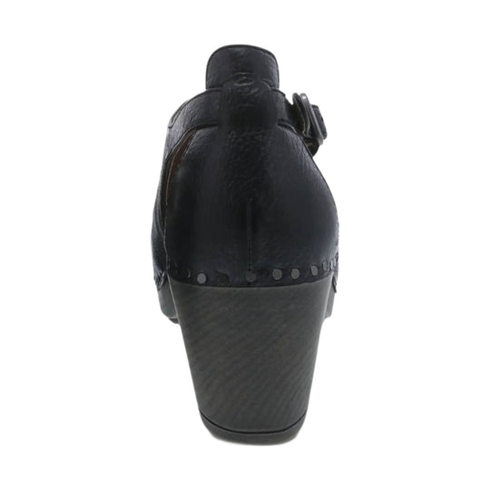 Black leather wedge shoe with ankle strap and buckle, rear view