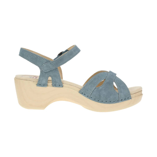 Blue suede wedge sandal with ankle strap, open toe, and cutout side panels