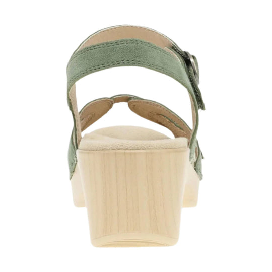 Sage green slingback wedge sandal with a wood-look heel and cushioned footbed