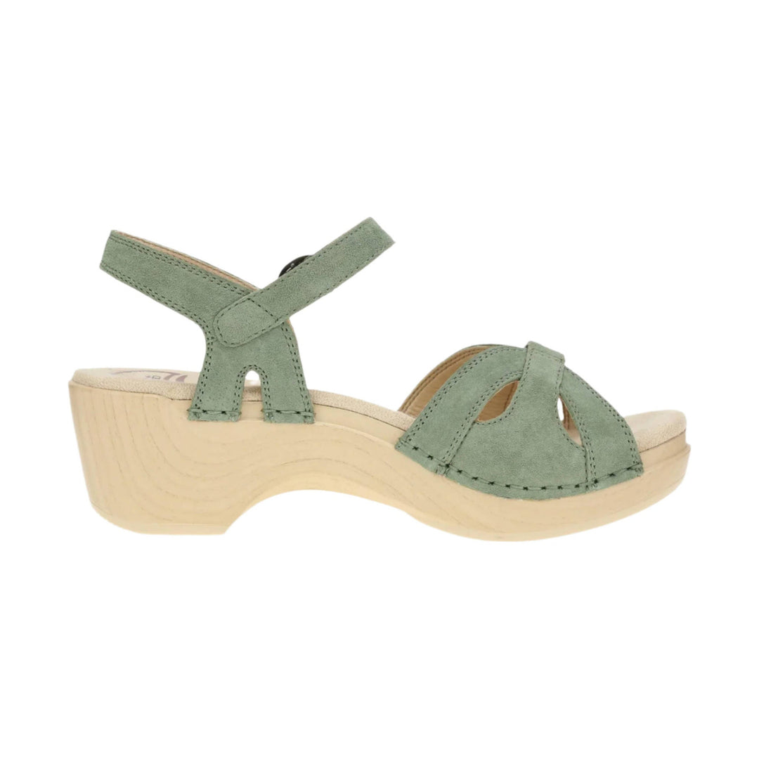 Sage green suede wedge sandal with ankle strap and cutout toe opening