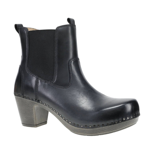 Black leather ankle boot with elastic side panels, gray block heel, and studded sole edge