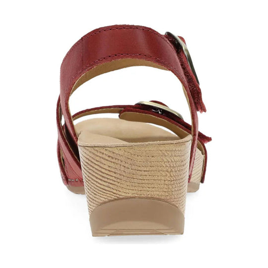 Red slingback wedge sandal with tan woven heel and gold buckle details