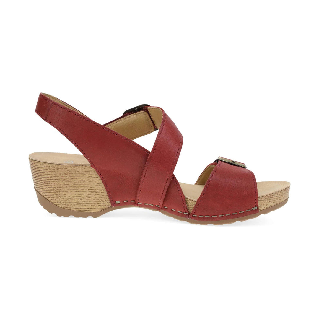 Red strappy wedge sandal with cork-look heel and tan sole