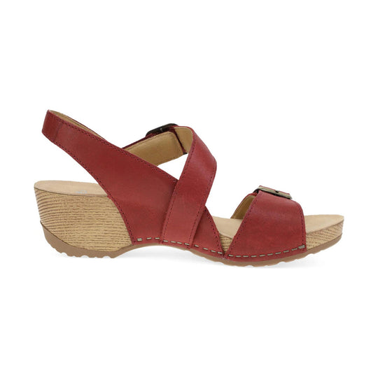Red strappy wedge sandal with cork-look heel and tan sole
