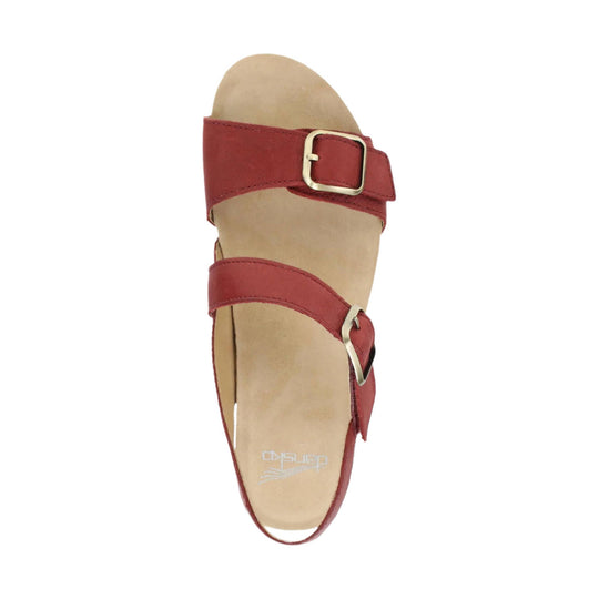 Red leather sandal with two adjustable straps and metal buckles