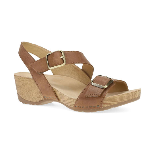 Tan wedge sandal with crisscross leather straps and two buckle closures