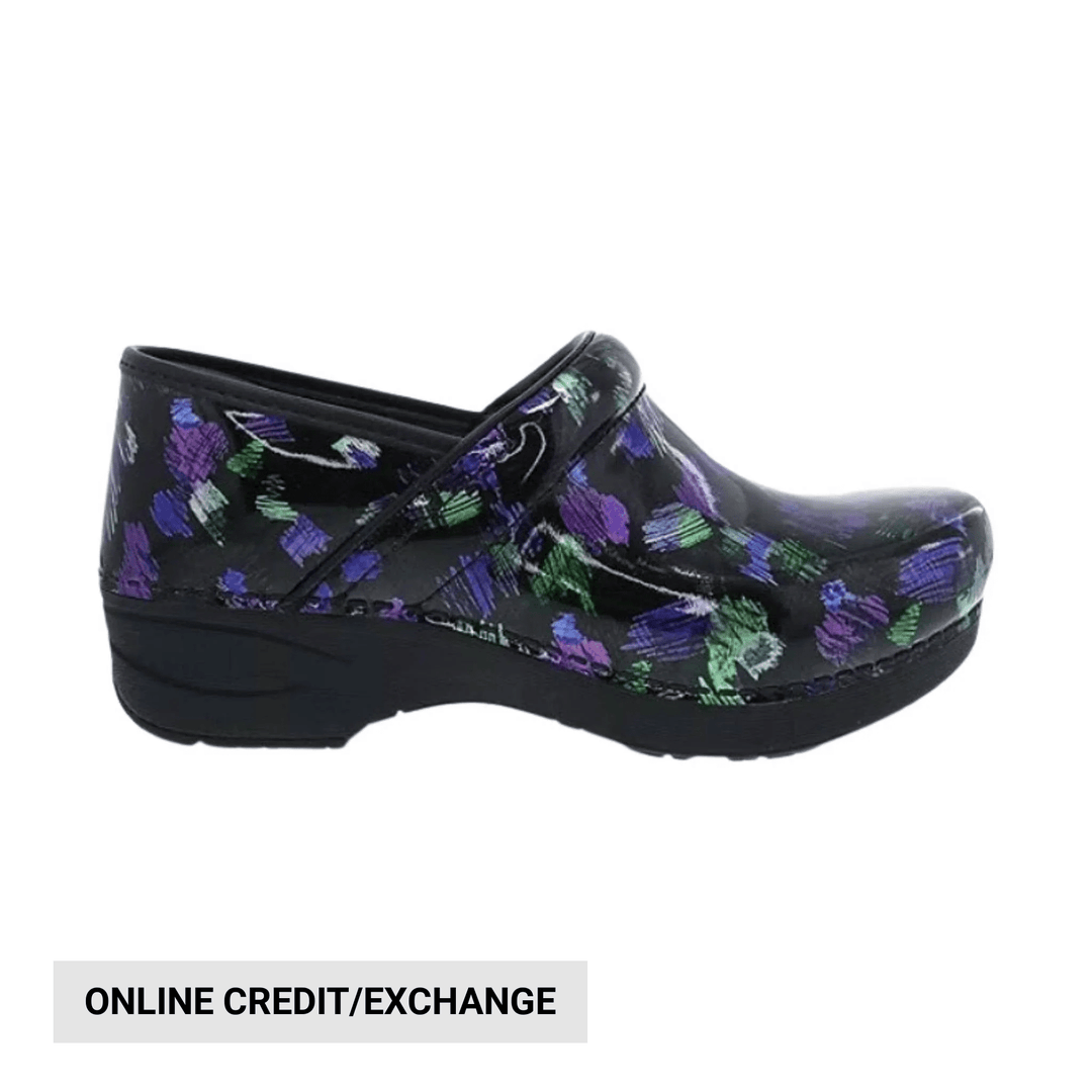 Black clogs with multicolor brushstroke pattern and online credit/exchange text