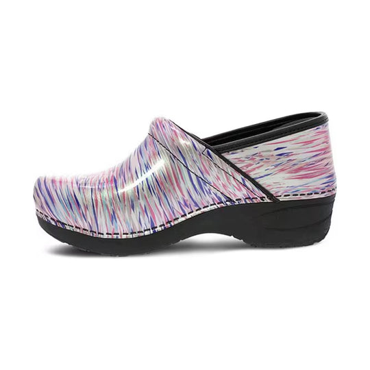 White slip-on clog with pink, blue, and purple streaked print and a black wedge sole